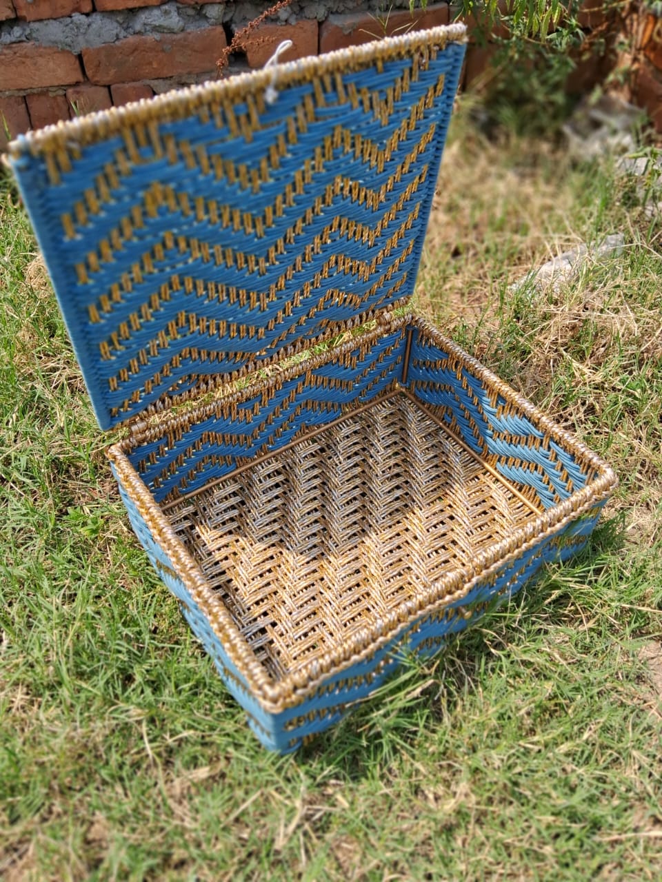 Handwoven Macrame Storage Box โ 15x12x5 inch | Blue & Gold Elegance