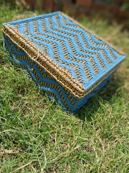 Handwoven Macrame Storage Box – 15x12x5 inch | Blue & Gold Elegance