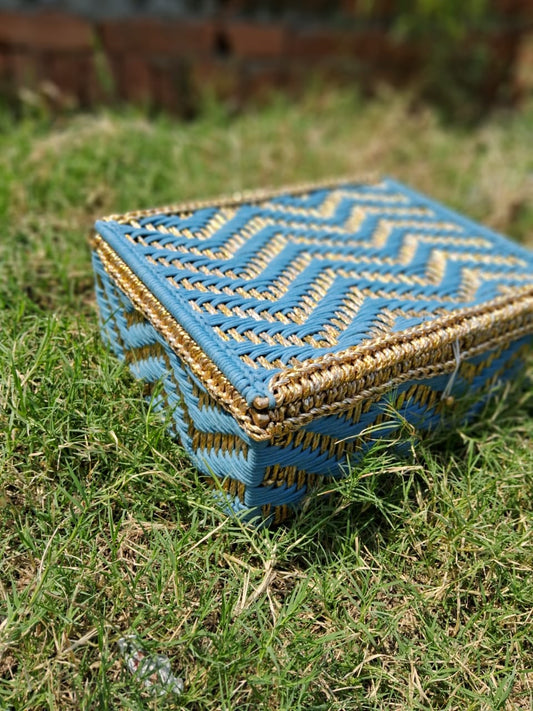 Handwoven Macrame Storage Box – 15x12x5 inch | Blue & Gold Elegance