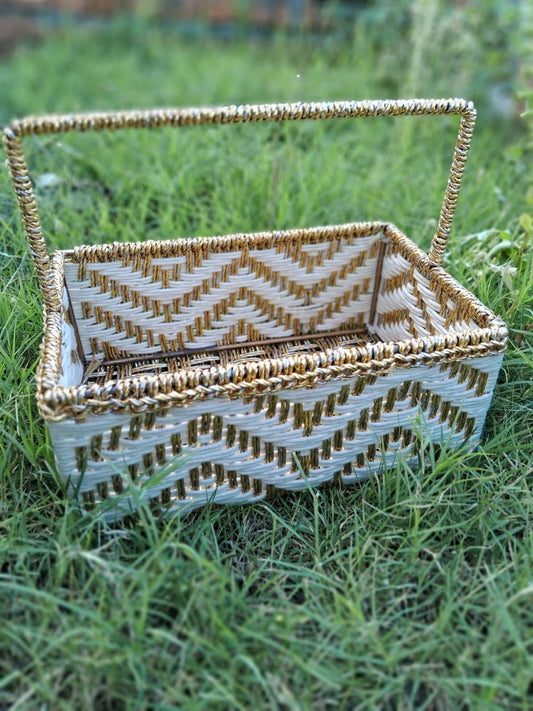 Handcrafted Macrame Storage Basket – 12x8x4 inch | Elegant Golden Accents