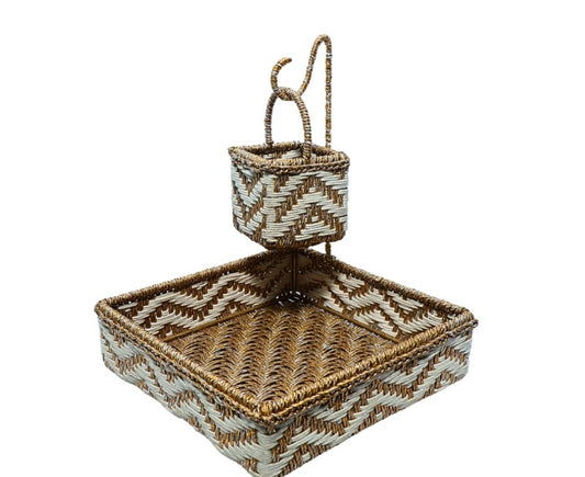 Handcrafted Holder Tray Stand – 11x11x3 inch | Macrame & Golden Weave