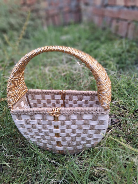 Round Handled Macrame & Jute Basket – 11x6x6 inch | Eco-Chic Organizer